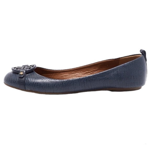 Tory Burch Mini Miller Leather Logo Flats Matte Micro Tejus Print Navy Blue 8.5 - Picture 3 of 13